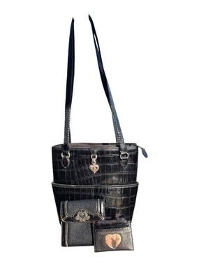 #148 Black Croc-Embossed Penelope Brighton Shoulder Bag with Matching Wallets